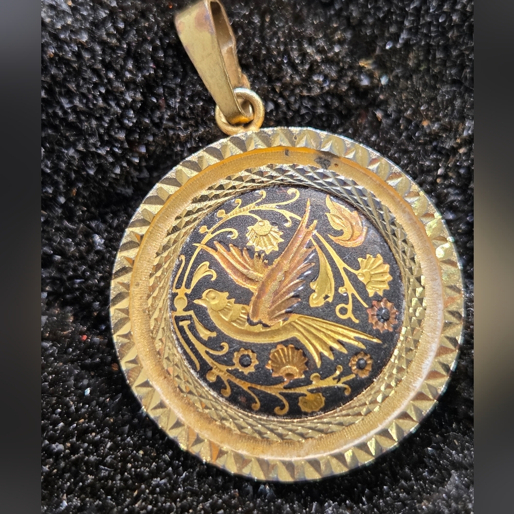 Damascene Pendant Bird and Floral Vintage